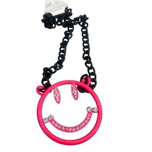 Paris Collection Neon Pink Smiley Face Rhinestone Black Chunky Chain Necklace
